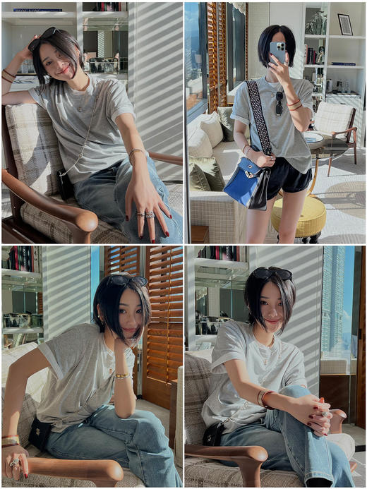 HIDEMI 自然棉织标系列圆领透气舒适短袖t恤 白色/烟灰色/深炭灰 商品图1