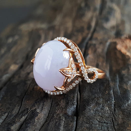 【天然正品】AU750精品玫瑰金镶钻镶糯种紫罗兰蛋面翡翠（高贵、吉祥）戒指12号（戒圈可改）030824XY04 商品图2