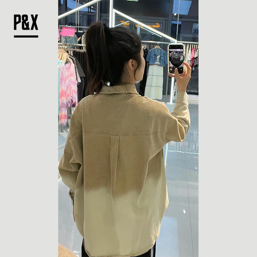 P&X设计师女装春秋款复古休闲翻领牛仔短款衬衫 824105785B 卡其 商品图2