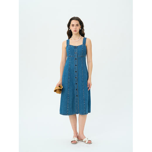 Heydress复古牛仔背带裙女春秋宽肩带A摆合体收腰时尚百搭连衣裙 商品图3