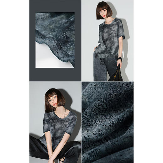 COCOBELLA手工扎染渐变镂空提花短袖针织衫秋捏褶上衣TS7020 商品图1