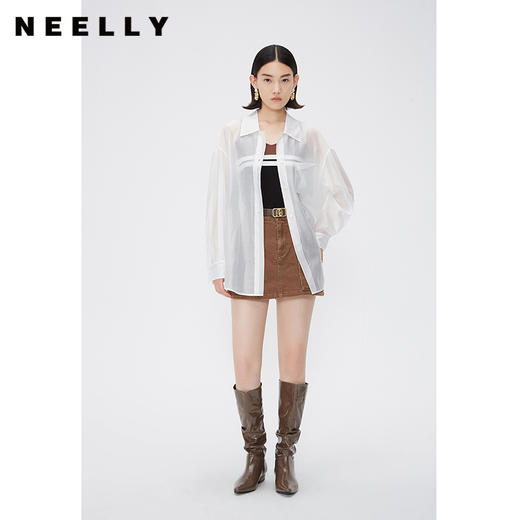 NEELLY纳俪商场同款宽松休闲微透性感防晒外搭开衫莱赛尔长袖衬衫N24074B04552 商品图0