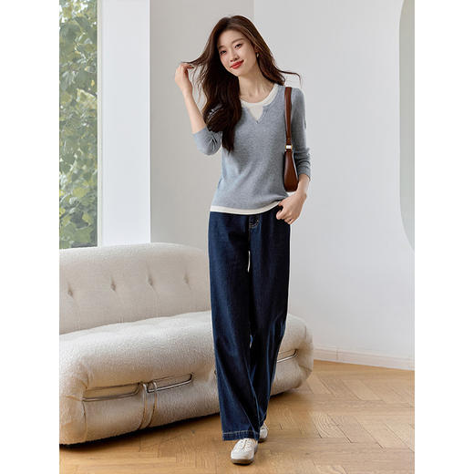 【专属特价】熙世界假两件打底针织衫2025秋季新款修身内搭羊毛混纺长袖上衣 商品图2