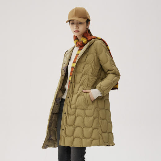 谜底两面穿羽绒服女2024秋款复古风花色连帽中长款鸭绒243MY1081 商品图1