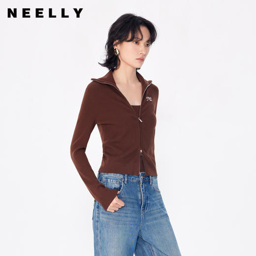 NEELLY纳俪商场同款秋季新款修身显瘦翻领双拉链针织衫开衫上衣女N24081A01187 商品图0