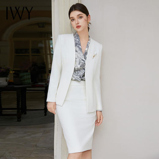 IWY/白色职业西装套装无领西服外套气质时尚优雅轻奢通勤职业套裙CS1584 商品图0