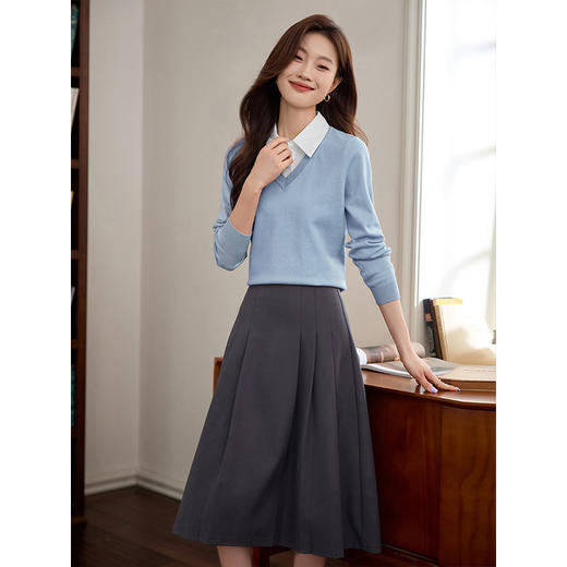 【专属特惠】熙世界学院风假两件上衣女2025春秋款长袖衬衫领拼接打底针织衫 商品图1