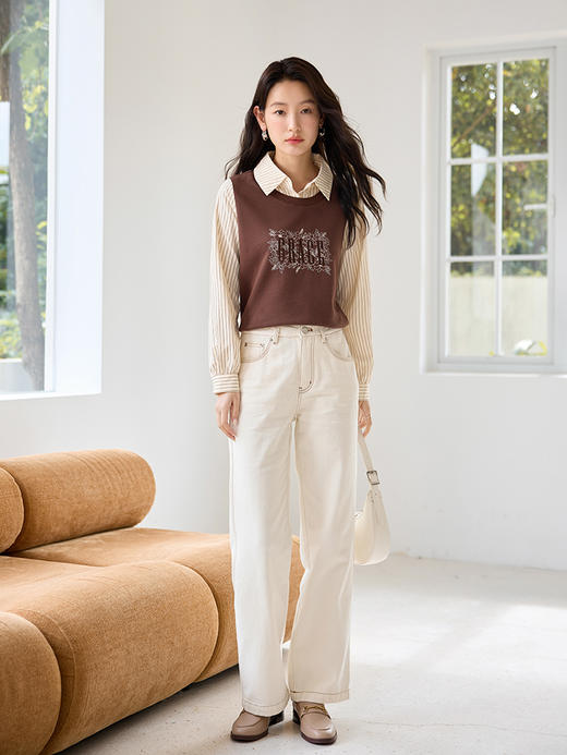 【年终特卖】熙世界美德拉风条纹衬衫领上衣拼接刺绣假两件卫衣2025秋装新款 商品图4