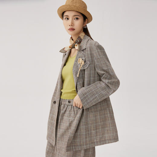 谜底格子西装外套女2024秋季新品松弛感宽松中长款西服243MW1126 商品图0