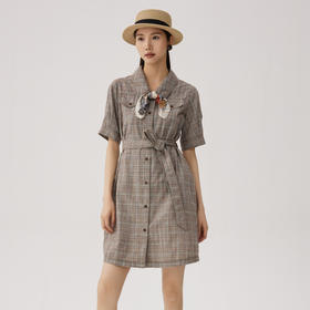 谜底格纹连衣裙短袖女2024秋新品复古猎装感短裙配腰带243ML1163