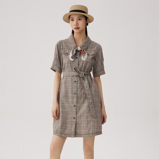 谜底格纹连衣裙短袖女2024秋新品复古猎装感短裙配腰带243ML1163 商品图0