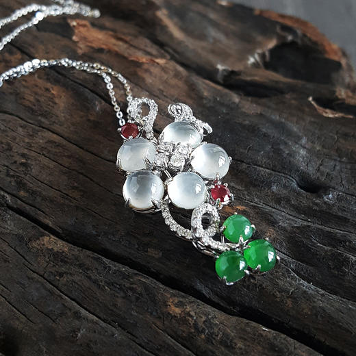 【天然正品】AU750收藏级白金镶钻镶8颗天然冰种蛋面翡翠花形吊坠项链030824XY08 商品图1