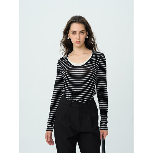 Heydress天丝条纹T恤女春秋假两件休闲修身长袖松弛感百搭上衣 商品图0