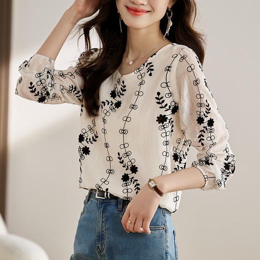 雀说新款气质植绒花朵简约宽松百搭休闲圆领套头韩版减龄上衣AL288 商品图1