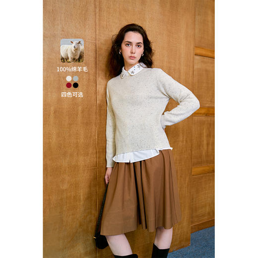 HeyDress绵羊毛花纱毛衣女秋冬宽松圆领针织衫慵懒优雅套头上衣 商品图0