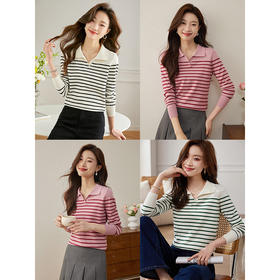 【1件82折】熙世界法式POLO领条纹针织衫2025秋季新款宽松慵懒软糯长袖上衣