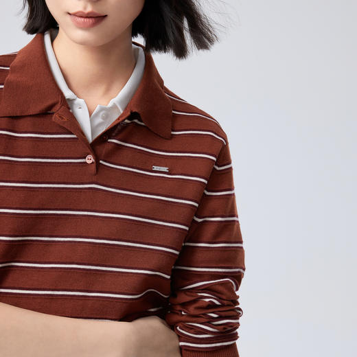 【严选】伊芙丽羊毛混纺POLO领条纹套头针织衫女2024秋装新款上衣1F7931521 商品图2