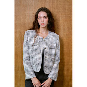 Heydress肌理感香风外套女秋季经典简约花纱金属扣箱型短款上衣