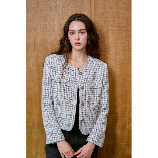 Heydress肌理感香风外套女秋季经典简约花纱金属扣箱型短款上衣 商品图0