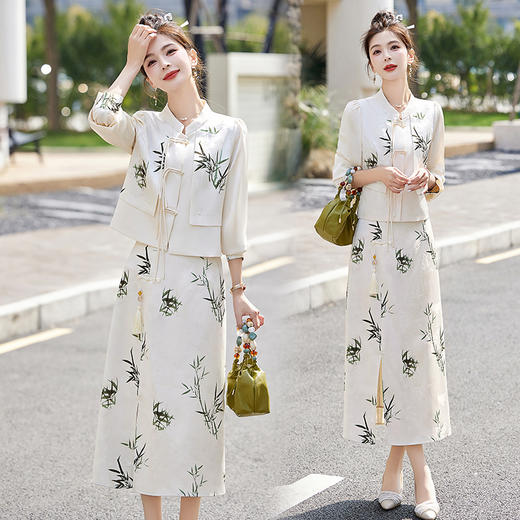 新中式国风套装裙，轻奢气质改良旗袍印花盘扣两件套HR-YWY8931 商品图1