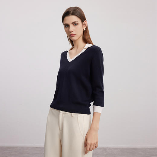 【七分袖V领针织衫】24年秋冬女士新品100%绵羊毛黑白撞色针织套衫 商品图3