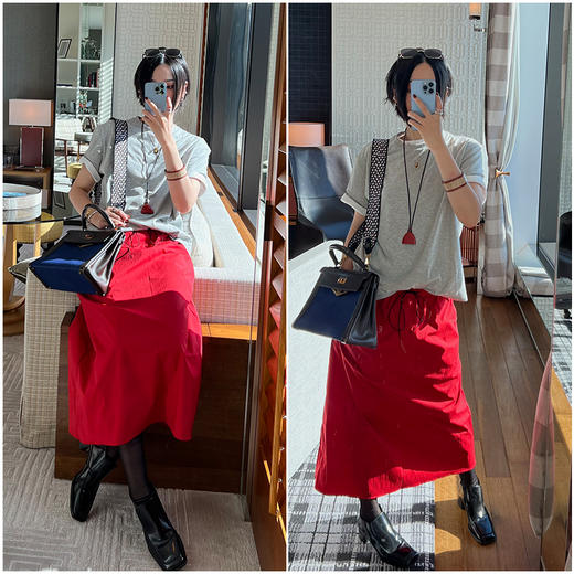 HIDEMI 极简麂皮抽绳松紧带干爽棉口袋休闲感半身裙 马斯正红/雾霾蓝灰 商品图2