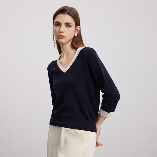 【七分袖V领针织衫】24年秋冬女士新品100%绵羊毛黑白撞色针织套衫 商品图1