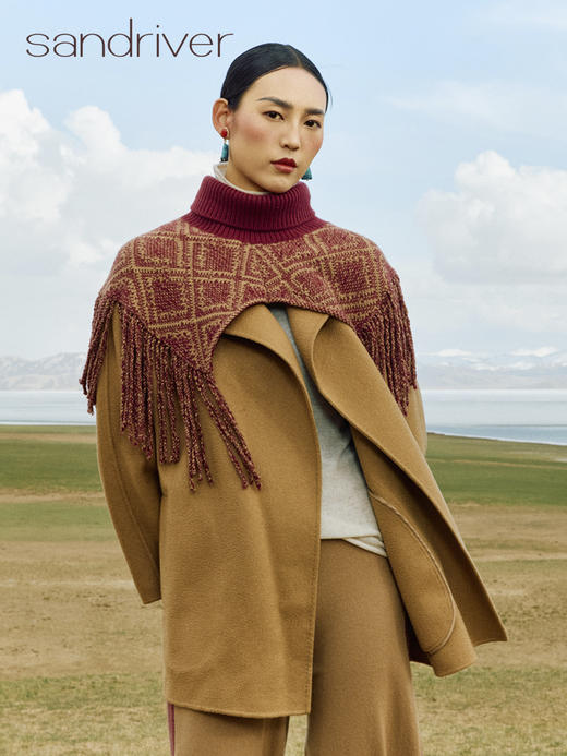 青海羊绒针织提花流苏斗篷式披肩SJF96W327N 商品图0