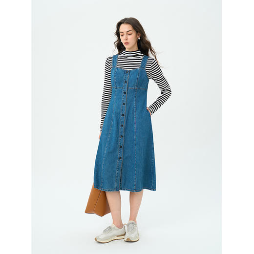 Heydress复古牛仔背带裙女春秋宽肩带A摆合体收腰时尚百搭连衣裙 商品图1