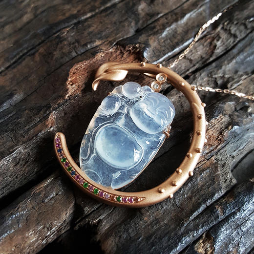 【天然正品】AU750精品玫瑰金镶天然冰种佛公翡翠（平安、吉祥）吊坠项链030824XY11 商品图3