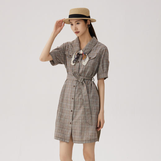 谜底格纹连衣裙短袖女2024秋新品复古猎装感短裙配腰带243ML1163 商品图1