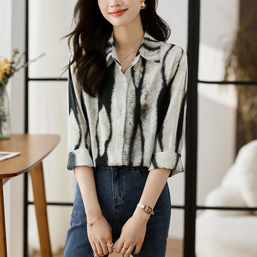 雀说混染印花衬衫新款时尚气质翻领设计感简约休闲减龄上衣AL256 商品图2