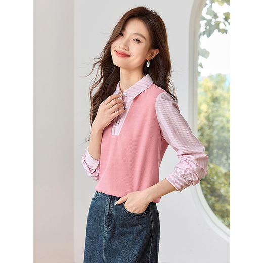 【59元福袋不支持退换】熙世界设计感假两件衬衫秋装新款长袖条纹衬衣拼接针织休闲上衣 商品图1