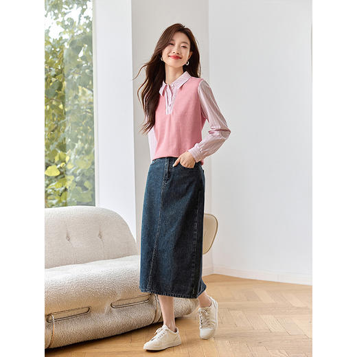 【59元福袋不支持退换】熙世界设计感假两件衬衫秋装新款长袖条纹衬衣拼接针织休闲上衣 商品图3