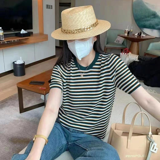 【59元清仓】条纹T 宽松版薄款夏季冰丝圆领条纹T恤短袖亲肤 棉条纹T 商品图3