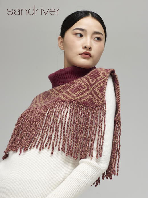 青海羊绒针织提花流苏斗篷式披肩SJF96W327N 商品图1