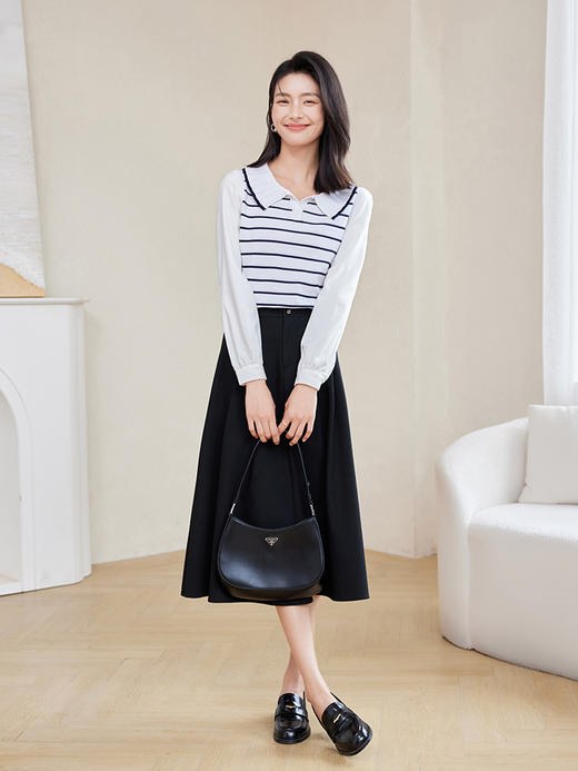 【开门红】熙世界设计感时尚条纹海军领拼接上衣假两件针织衫2025秋装新款 商品图3