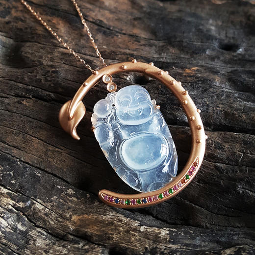 【天然正品】AU750精品玫瑰金镶天然冰种佛公翡翠（平安、吉祥）吊坠项链030824XY11 商品图1