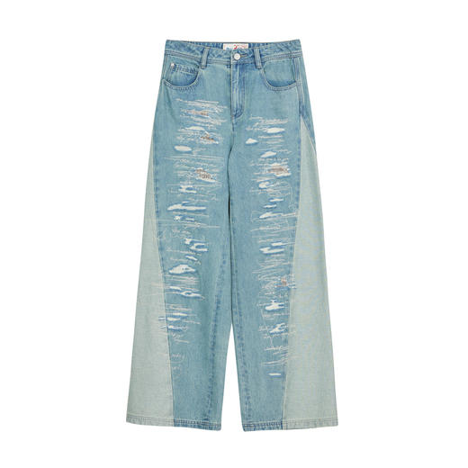 谜底牛仔阔腿裤女2024秋季新品复古风拼接水洗破洞长裤243MK1059 商品图4