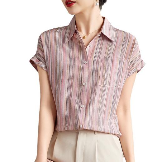 KQ-12708夏季翻领竖条纹短袖衬衫女双绉真丝宽松薄款衬衣大码女装上衣 商品图4