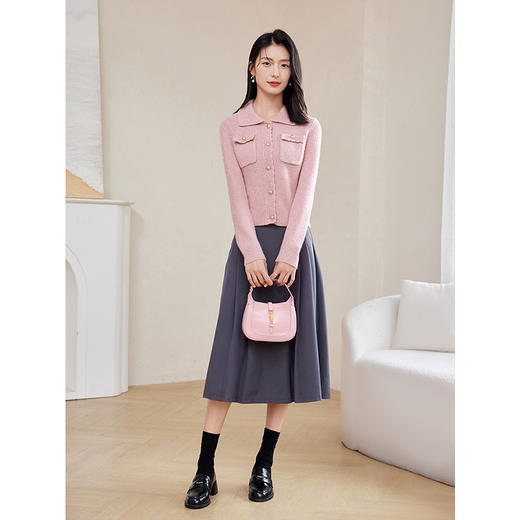 【年终特卖】熙世界粉色小香风针织开衫2025秋季新款圆领套头翻领毛衣短外套 商品图4