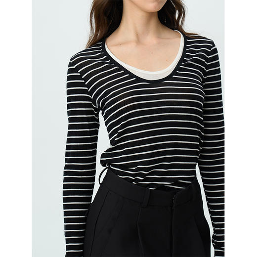 Heydress天丝条纹T恤女春秋假两件休闲修身长袖松弛感百搭上衣 商品图2