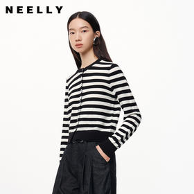 NEELLY纳俪商场同款秋季新款羊毛混纺黑白条纹显瘦针织开衫上衣女N24081A01066
