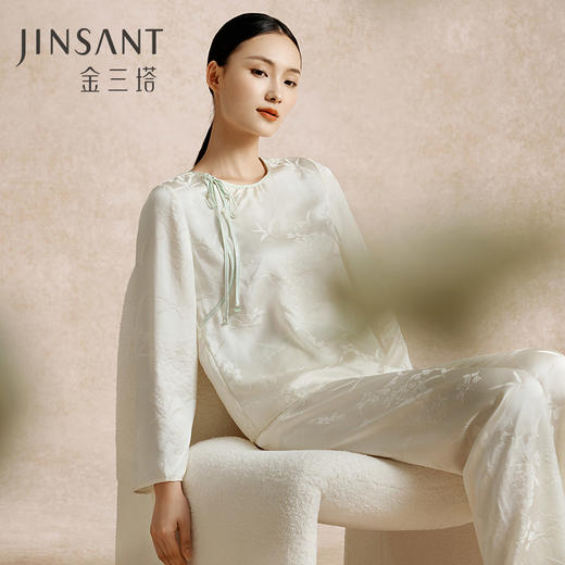 金三塔真丝睡衣女100%桑蚕丝静雅中式斜襟衣裤套宽松舒适家居服  YSFEC206 商品图0