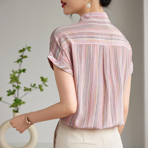 KQ-12708夏季翻领竖条纹短袖衬衫女双绉真丝宽松薄款衬衣大码女装上衣 商品图3