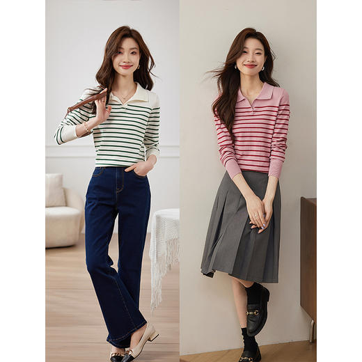 【1件82折】熙世界法式POLO领条纹针织衫2025秋季新款宽松慵懒软糯长袖上衣 商品图3