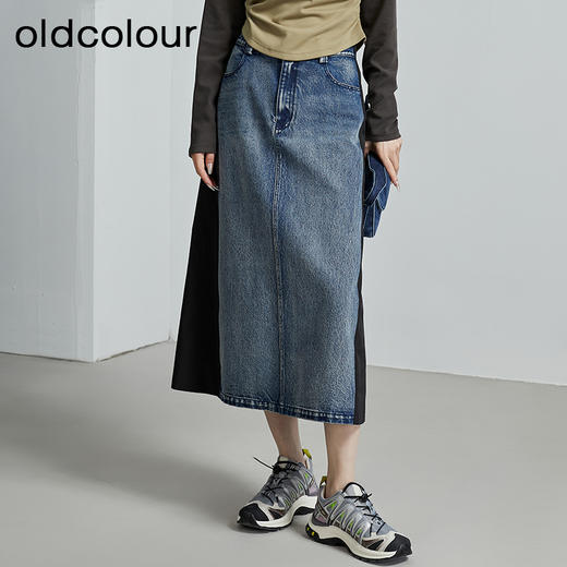 oldcolour秋季新款休闲拼接结构复古风牛仔半身裙女P330603A1 商品图0