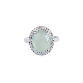 【天然正品】AU750白金镶钻镶天然冰种晴水绿蛋面翡翠（吉祥、圆满）戒指030824XY02