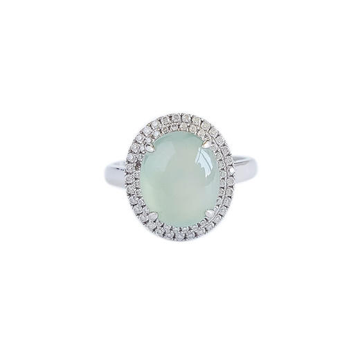 【天然正品】AU750白金镶钻镶天然冰种晴水绿蛋面翡翠（吉祥、圆满）戒指030824XY02 商品图0