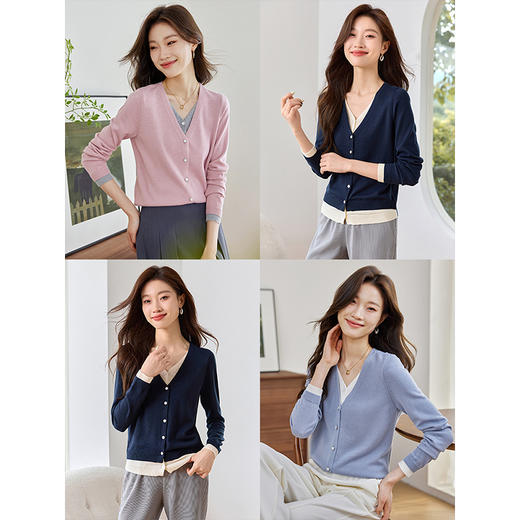 【专属特价】熙世界2025秋季新款撞色V领假两件针织衫长袖羊毛混纺软糯上衣 商品图0